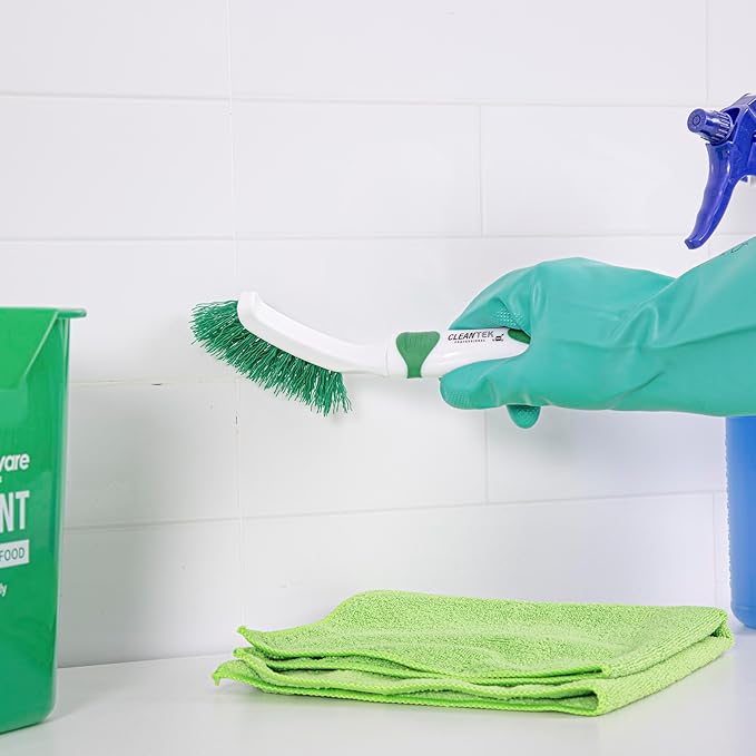 Restaurantware Grout Brush 100 Pack of 9 Tile Scrubbing Brush Stiff Bristle Ergonomic Handle Angled Head Narrow Design Green and White Plastic Cleaning Tool