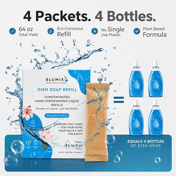 Dish Soap Refill Powder-to-Liquid Concentrate, Just Add Cool Water, Grapefruit Scent, 4 Packets Make 4 x 16 fl oz Bottles, Grease-Fighting, Plastic-Free