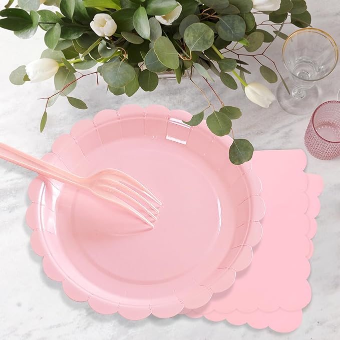 Pink Paper Plates and Napkins,7 Inch Pink Scalloped Disposable Dessert Plates Paper Napkin Fork Party Supplies for Mothers Day Wedding Baby Shower Birthday(25 Guest)