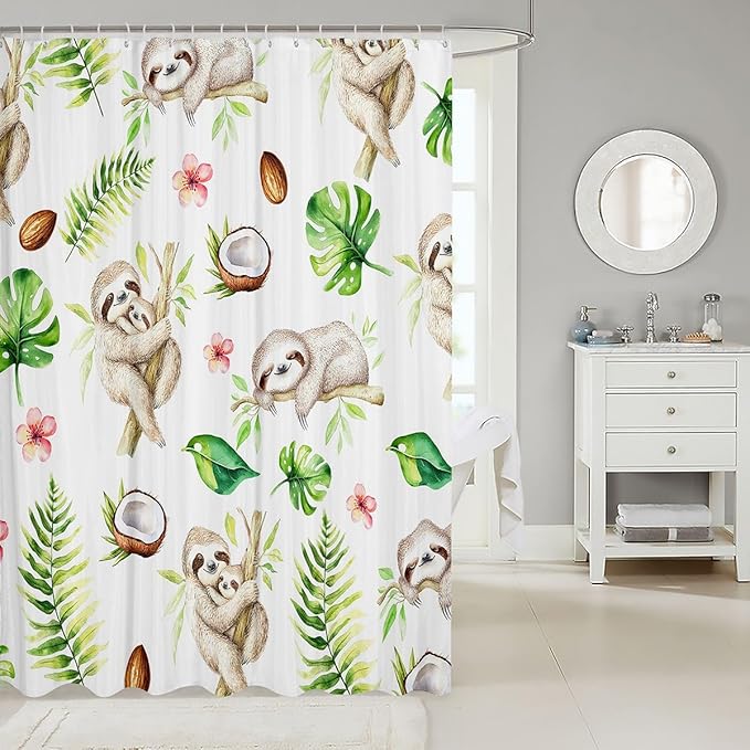 Cute Sloth Bathroom Shower Curtain Set Cartoon Baby Animals Sloth Shower Curtain for Stalls Bathtubs Tropical Palm Leaves Bath Curtain Exotic Nature Waterproof Bathroom Curtains Room Decor 72x78 Inch