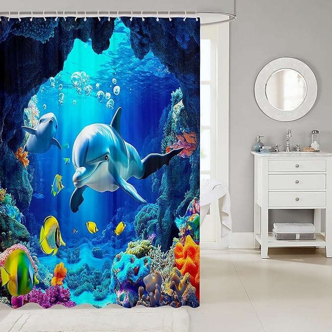 3D Dolphin Bathtubs Shower Curtain Set 72"Wx84"L, Coral Sealife Shower Curtain for Kids Child Boys, 3D Nautical Sea Animal Bath Curtain, Blue Ocean Fish Bathroom Accessories Marine Life Toilet Decor