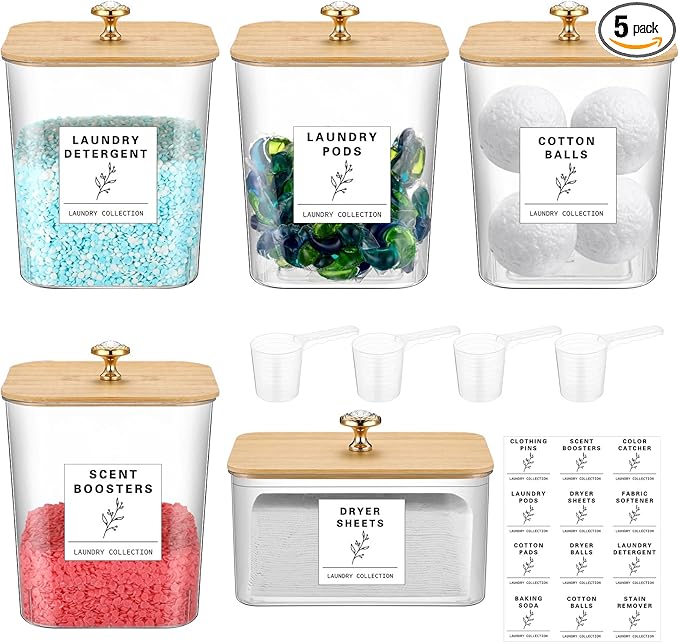 Reallnaive 5 Pcs Laundry Room Organization Storage Containers 4 Large 3L Laundry Pod Containers and Dryer Sheet Holder with Bamboo Lids 18 Labels 4 Scoops for Detergent Powder Laundry Organizer