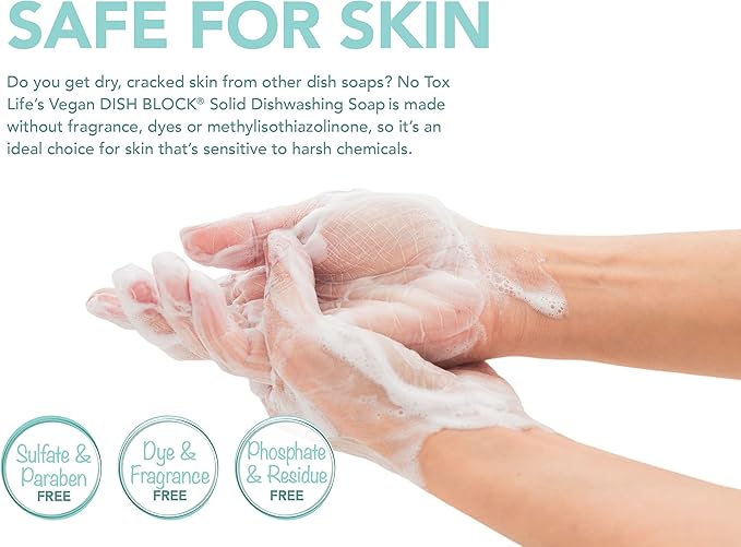 NO TOX LIFE Vegan Dish Block, 6 oz – A Solid Dish Soap for Effective Cleaning of Dishes, Pots and Pans – Ultra-Concentrated Biodegradable Formula – Fragrance and Dye Free – 4 Pack