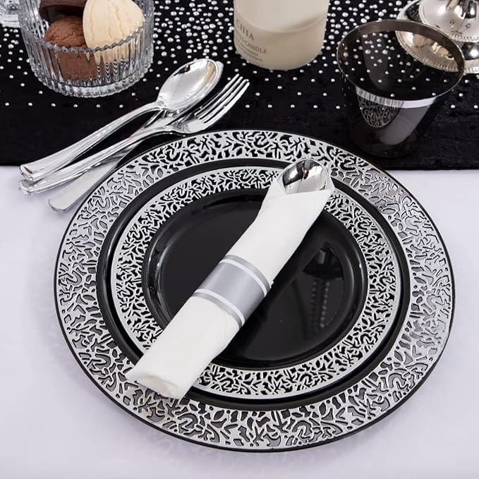 NOCCUR 210PCS Black and Silver Dinnerware Set for 30 Guests - Black Plastic Plates with Silver Rim Include 30 Dinner / 30 Dessert Plates, 30 Prewrapped Silverware, 30 Cups Ideal for Party/Graduation