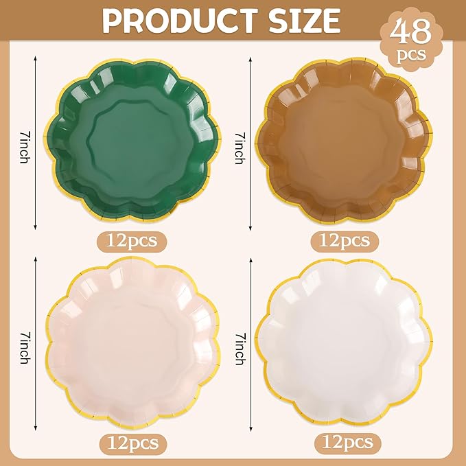 AimFun 48Pcs Woodland Scalloped Party Plates 7 Inch Sage Green Brown Disposable Dessert Plates Gold Foil Border Paper Plates for Birthday Baby Shower Wedding Forest Themed Party Supplies