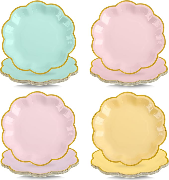 AimFun 48 Pcs Pastel Scalloped Paper Plates 7 Inch Disposable Macaron Colorful Dessert Plates with Gold Edge Gradient Rainbow Party Supplies for Wedding Birthday Baby Shower Bridal Summer Decorations