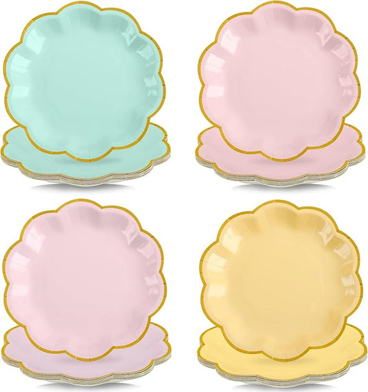 AimFun 48 Pcs Pastel Scalloped Paper Plates 7 Inch Disposable Macaron Colorful Dessert Plates with Gold Edge Gradient Rainbow Party Supplies for Wedding Birthday Baby Shower Bridal Summer Decorations