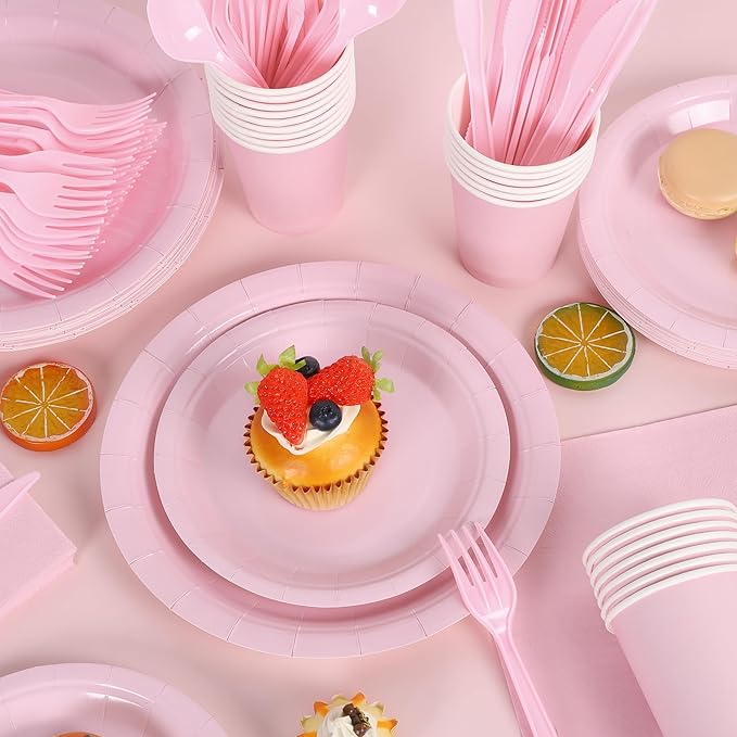 Kochorie 169 Pieces Light Pink Party Supplies Disposable Dinnerware Set Include Plates and Cups Napkins Plastic Forks Knives Spoons Tablecloth for Wedding Birthday Party Decorations, Serve 24 Guests