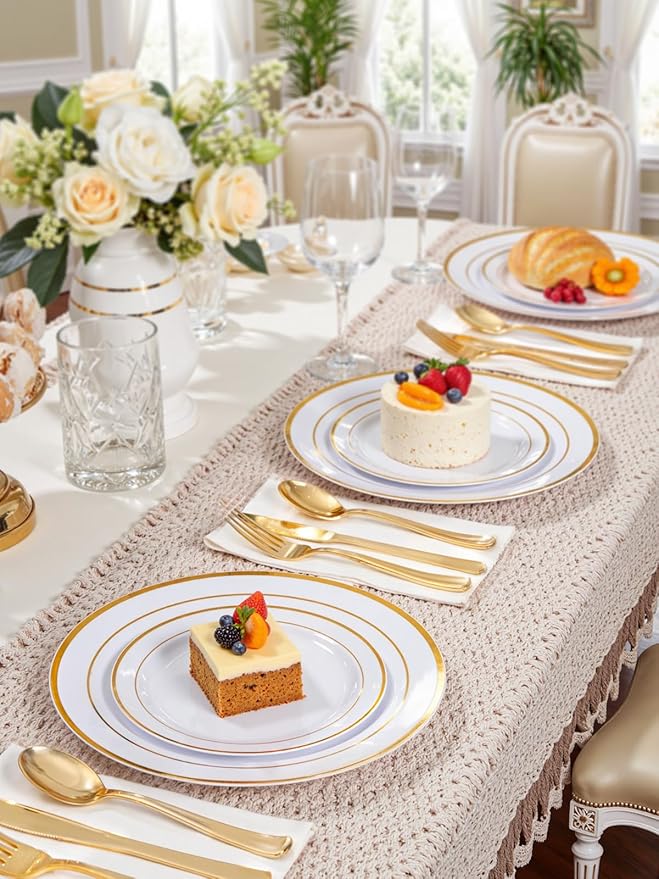 WDF 120 pieces Gold Disposable Plastic Plates - White and Gold Plates Include 10.25" Dinner Plate & 7.5" Salad Plate for Party Baby Shower Wedding Spring