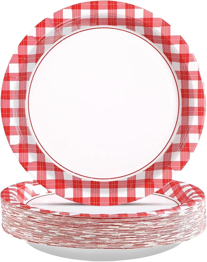 50 Pcs Red and White Gingham Paper Plates 10" Heavy Duty Red Gingham Checkered Plaid Dessert Plates Disposable Gingham Party Supplies for Summer Pizza BBQ Picnic Baby Shower Birthday Party Decorations