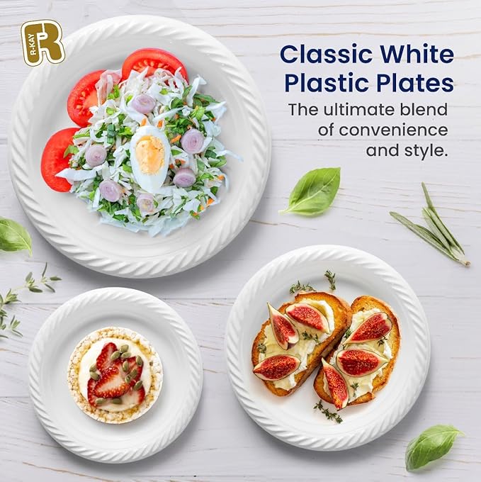 R-kay 100 Pack 7 Inch Plastic Plates Disposable - Heavy Duty White Disposable Plates - Microwavable Disposable Plastic Plates (100, 7 Inch)