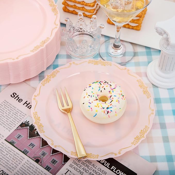 LIYH 100 Pcs Pink Gold Dessert Plates - 100 Pcs Gold Plastic Forks,Cake Plates Disposable with Forks,Appetizer Plates,Bridal Shower Party Plates for Birthday Wedding Party Mothers Day