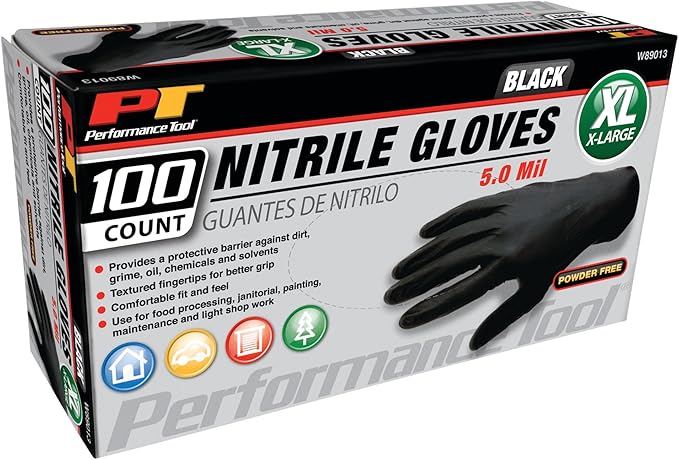 Performance Tool W89013 Black Nitrile Gloves | Disposable, Powder Free, latex rubber free, Textured Fingertips for Better Grip , X-Large | 100pc