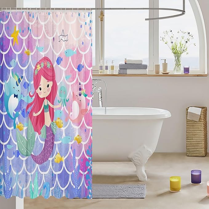 Mermaid Shower Curtain, Watercolor Mermaid Scale Bathroom Decor, Cartoon Dolphin Octopus Waterproof Curtain, 12 Hooks, 72" Wx84" L