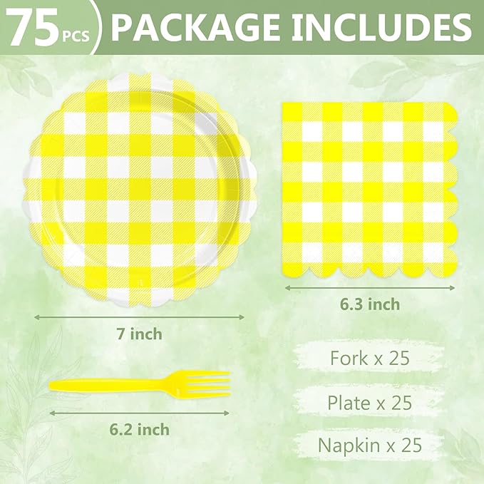 Mulbozy 75 Yellow Gingham Plates and Napkins Disposable Set Includes 25 Dessert Cake Scalloped Plates, Cocktail Napkins & Forks, for Fork 25 Guests Holiday Party Supplies.
