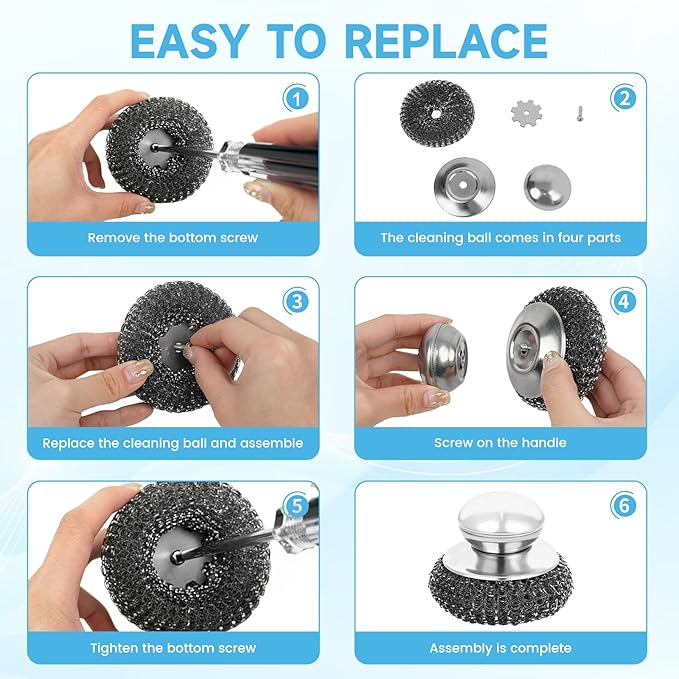 6 Pcs Steel Wool Scrubber, Stainless Steel Scrubber for Cleaning Kitchen and Household Stubborn Messes from Stoves Pans Pots Grill Sink, Replacement Wire Brush Set (Only Replacement Pad)