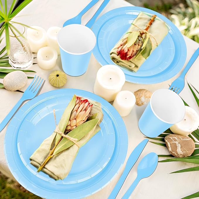 228PCS Light Blue Party Supplies Set Include Paper Plates Cups Paper Napkins Plastic Spoons Forks Knives for 30 Guests Disposable Party Dinnerware for Birthday Wedding Family Picnic