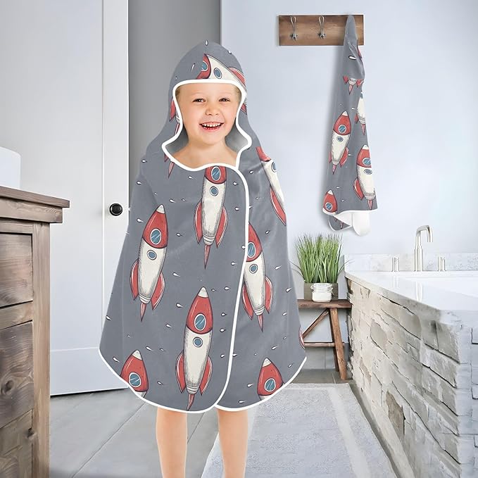 Hooded Beach Towel for Kids Cartoon Space Rockets Gray Hooded Beach Bath Towel Soft Toddler Towels