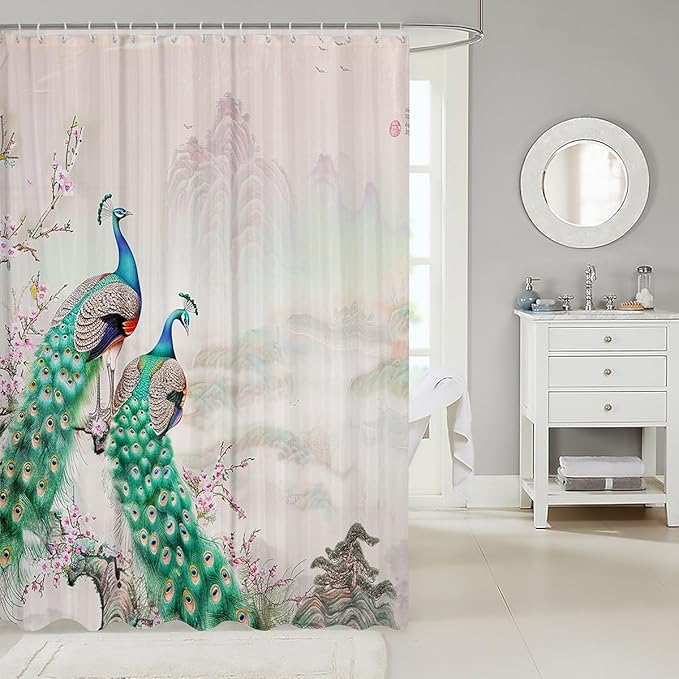 Peacock Shower Curtain Pink Floral Bath Curtain Blue Bird Feathers Shower Curtain Set with Hooks for Stalls Bathtubs Animal Themed Bedroom Decor Nature Landscape Cloth Fabric Bathroom Decor 72x78 Inch