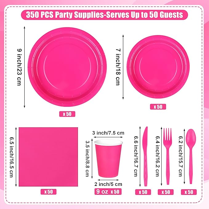 Kochorie 350 Pieces Hot Pink Dinnerware Set, 7 & 9 inch Dessert Paper Plates Cups Napkins Plastic Cutlery Disposable Party Supplies for Birthday Baby Shower Wedding, Serve 50 Guests