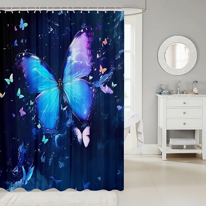 Homewish Butterflies Shower Curtain Blue Butterfly Bathroom Shower Curtain Set for Kids Adult Painting Marble Bath Curtain Watercolor Butterfly Waterproof Curtains Room Decor 72 x 72 Inch
