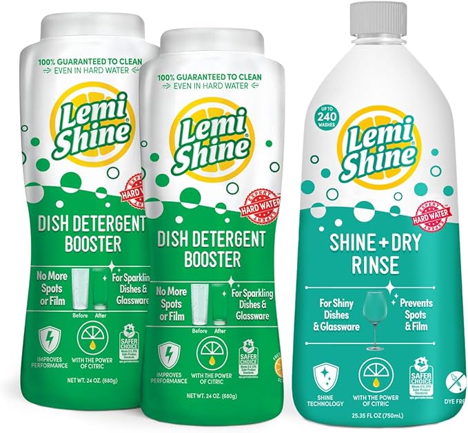 Lemi Shine Dish Detergent Booster (24 oz 2-Pack) and Rinse Aid (25.35 oz) - Hard Water Stain Removers