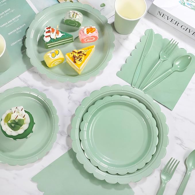 175 Pcs Party Plates and Cups and Napkins Sets, 9" Paper Plates, 7" Dessert Plate, 9oz Cups & Cutlery, 25 Guest Scalloped Sage Green Party Supplies for Wedding, Bridal Baby Shower, Birthday