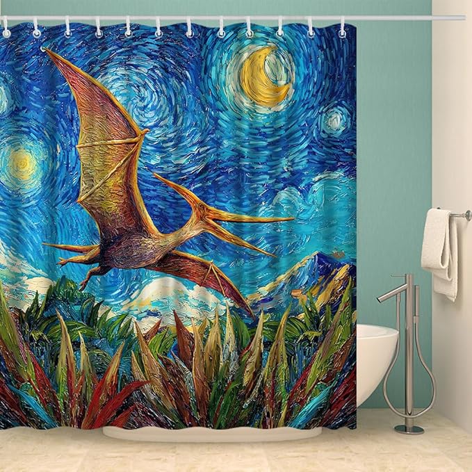 Shower Curtain Dinosaur Kids Bathroom Funny Bath Decor Blue and Yellow with 12 Hooks 72x72 Inches