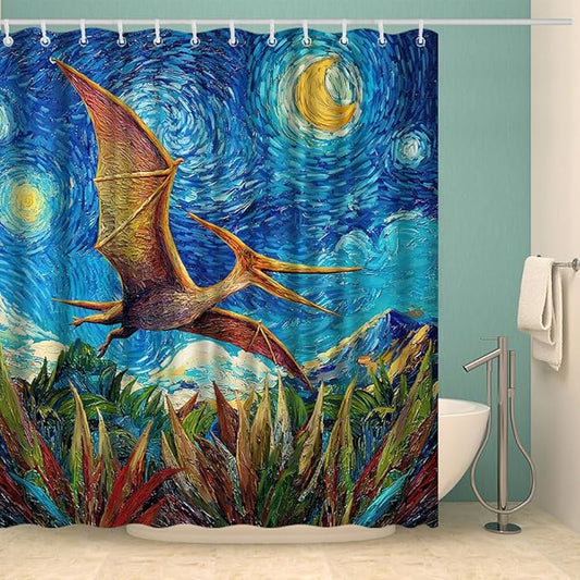 Shower Curtain Dinosaur Kids Bathroom Funny Bath Decor Blue and Yellow with 12 Hooks 72x72 Inches