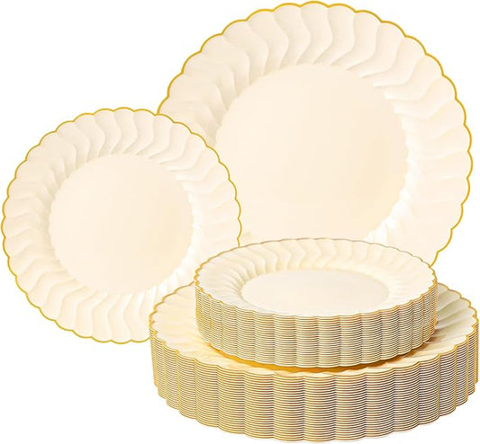 Lullaby 60PCS Light Yellow Scalloped Plastic Plates, Disposable Elegant Plates Include 30pcs Dinner Plate 10.25", 30pcs Plastic Dessert Plate 7.5", Perfect for Wedding and Party