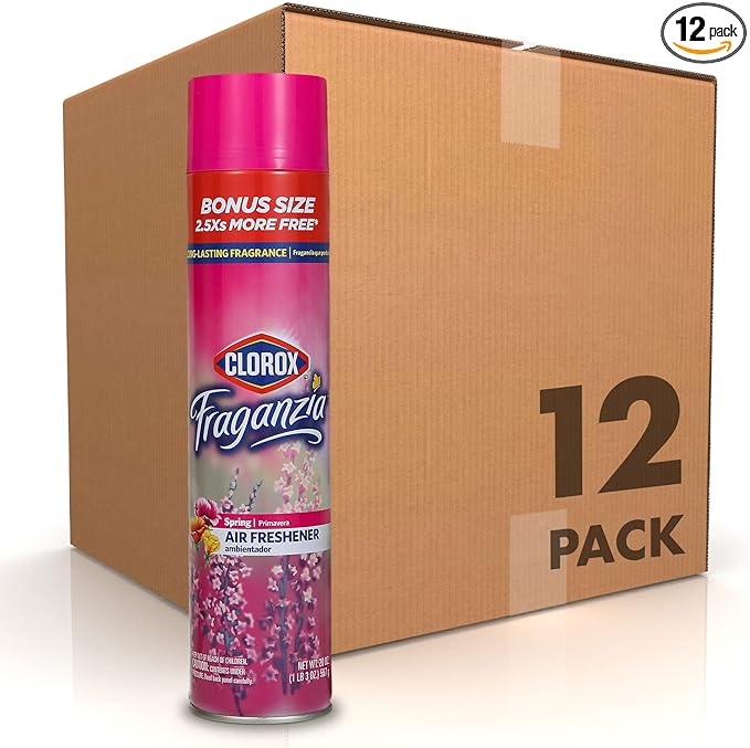 Clorox Fraganzia Aerosol Air Freshener Spray in Spring Scent - Long-Lasting Odor Eliminator and Room Freshener for Home, Bathroom, Bedroom, and Kitchen, 20 oz Bonus Size - 12 Pack