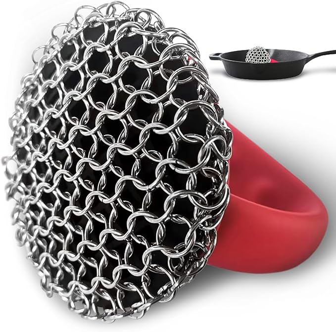 Cast Iron Scrubber with Handle 316L （Ergonomic Non-Slip Grip Cleaner for cast Iron skillets, Pans, and Dutch ovens – Stainless Steel Chainmail Cleaning pad, Durable and Dishwasher Safe）