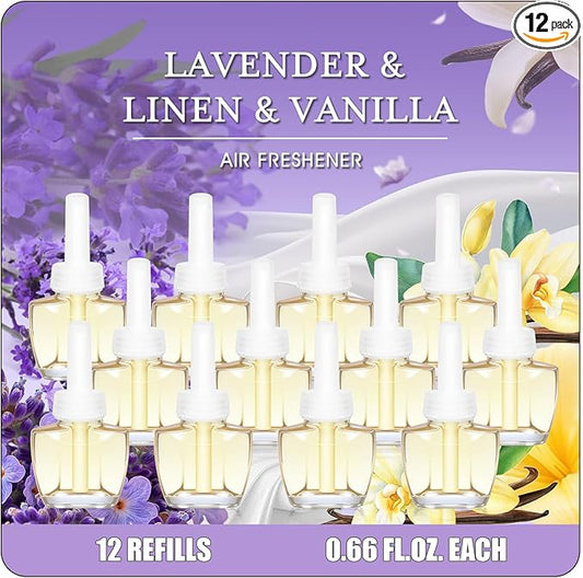 Plug in Air Freshener Refills – 12 Pack (7.92 Fl Oz), 3 Scents: Lavender, Linen & Vanilla – Compatible with Air Wick & Glade, Not Include Glade Plus – Wall Plug In Refills for Home, Bathroom