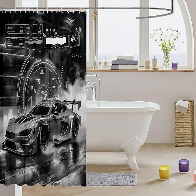 Erosebridal Extreme Sports Shower Curtain Black White Grey Sports Car Bath Curtain,Boys Cars 72" Wx84 L Shower Curtain Set Dirt Bike Vehicles Bathroom Decor