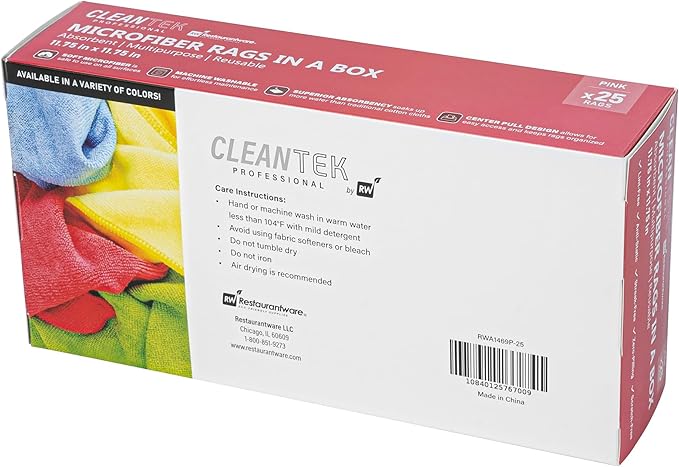 Restaurantware-Clean Tek Professional 11.81 x 11.81 Inch Microfiber Rags In a Box, 250 Absorbent Cleaning Cloths - No-Scratch, Pink Microfiber Reusable Edgeless Cleaning Towels, Leaves No Streak