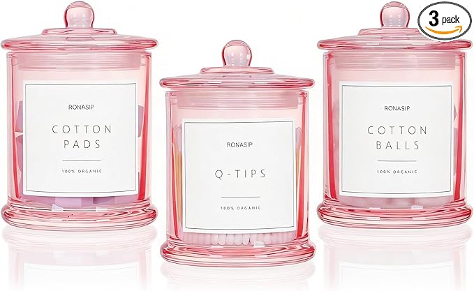 Ronasip 3 Pack Qtip Holder Dispenser, 16oz Bathroom Organizer and Storage Canisters, glass vanity organizer with lid - Home Decor, Room Decor Aesthetic (Pink)