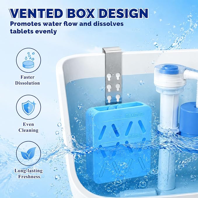 Toilet Tank Tablet Holder Adjustable 6 Levels, Silicone Toilet Cleaner Holder with Stainless Steel Hook, Hanging Bleach Tablet Holder, Prevents Flapper Jam, Universal Fit for Toilet Tank