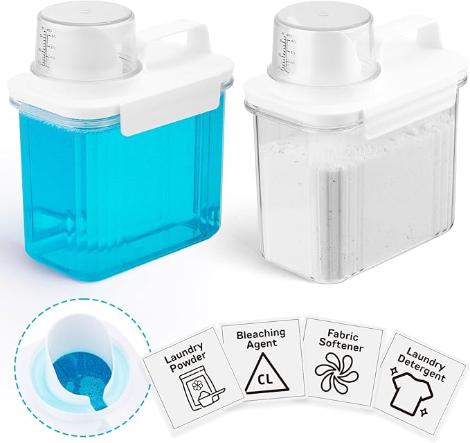 Laundry Detergent Dispenser-2 Pack, 51 oz Detergent Dispenser with 4 Removable Labels, Laundry Soap Dispenser for Laundry Room Organization and Storage, BPA Free & PET Plastic Clear