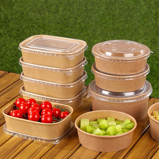 50-Pack 29oz Disposable Kraft Paper Bowls【with Lids and Forks】,Meal Prep Containers Disposable Togo Food Deli Containers for Restaurant Supplies Take Out Containers, Microwave Safe for Hot/Cold Food