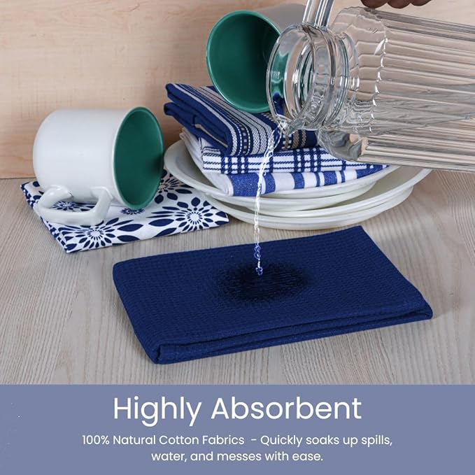 Assorted Kitchen Towels Large 16x26 inch 100% Cotton Set of 5 - Soft Absorbent Washable Tea Towel for Kitchen - Dish Cloths Towel with Hanging Loop - Quick Drying Dish Towels Blue