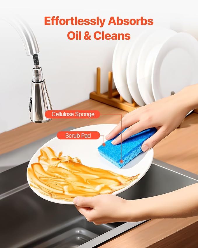 VEVOR Sponges, 12 Pcs Durable Natural Kitchen Sponges with Cellulose & Scrub Pad, Easy-to-Rinse Cleaning with Honeycomb Structure & Quick Water Absorption, Fit for Home Cleaning