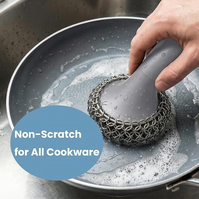Cast Iron Scrubber with Long Handle | 316 Cast Iron Cleaner Chainmail Scrubber for Pan Skillet Cleaner - Dish Scouring Pad Dishwasher Safe Cleaning Kit (Grey, 1 Scrubber + 1 Scraper)