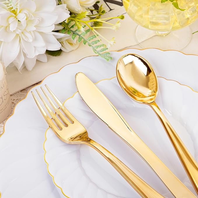 YOUBET 125PCS White Plastic Plates with Gold Rim, Gold Plates Disposable with Golden Silverware Include 25 Dinner Plate 25 Dessert Plate 25 Forks 25 Knives 25 Spoons For Wedding, Parties