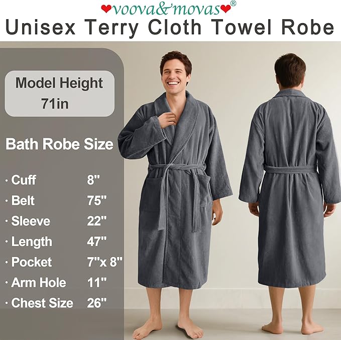 VOOVA & MOVAS Towel Robe for Men Women,Premium 100% Cotton Terry Shawl Collar Super Absorbent Unisex Bathrobe, Ideal Bathroom Robe,Gray