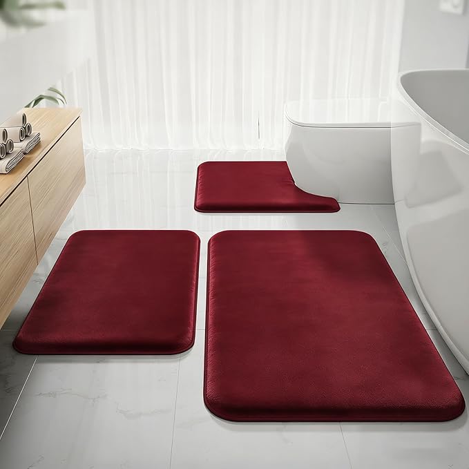 RUN HELIX Bathroom Rugs Sets 3 Piece, Soft Absorbent Memory Foam Bath Mats Set, Dry Fast Bath Mat, Machine Washable Bath Rug Set for Bathroom （Maroon）