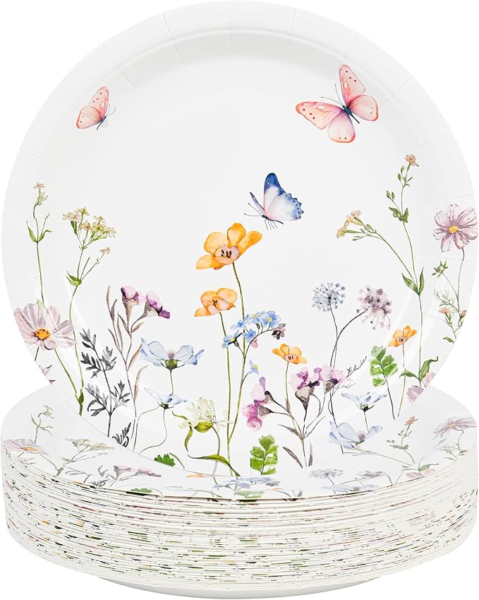 AimFun 24 Pcs Wildflower Paper Plates 9 Inch Disposable Floral Plates Spring Summer Watercolor Rustic Botanical Dinner Plates for Baby Shower Birthday Bridal Shower Wedding Tea Party