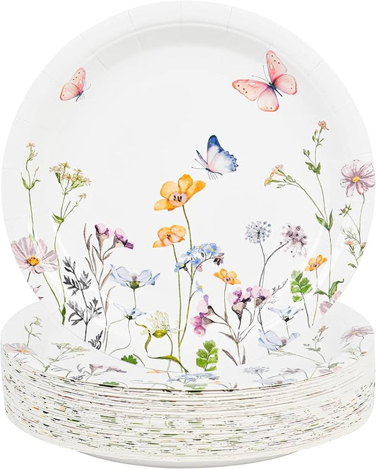 AimFun 48 Pcs Wildflower Paper Plates 9 Inch Disposable Floral Plates Spring Summer Watercolor Rustic Botanical Dinner Plates for Baby Shower Birthday Bridal Shower Wedding Tea Party