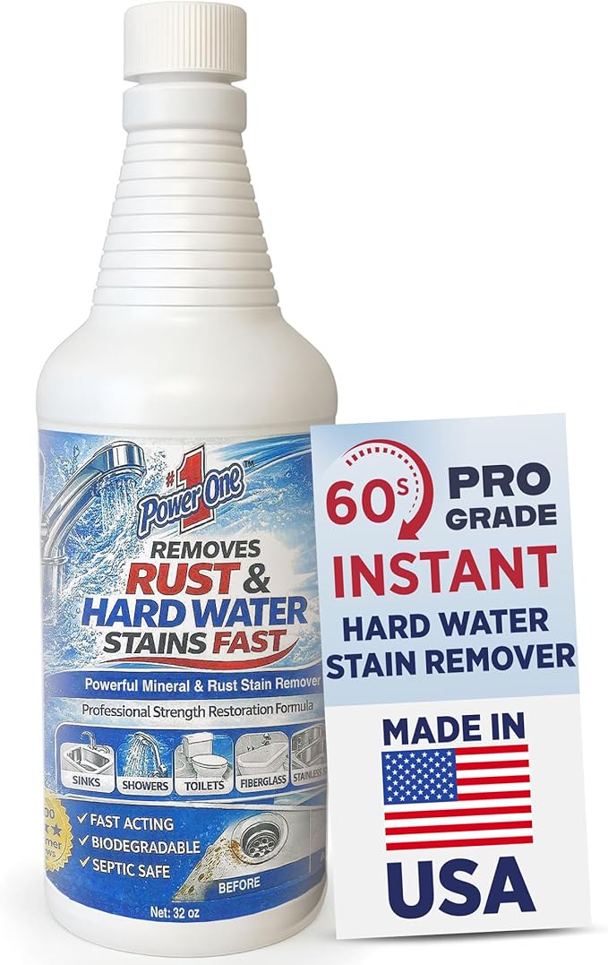 Hard Water Stain Remover 32 oz, Bathroom Cleaner, Rust Remover for Shower, Kitchen Sink, Toilet Stain Removal, Tile Grout Care, All Purpose Solution, Biodegradable Formula Bathroom Cleaning Supplies