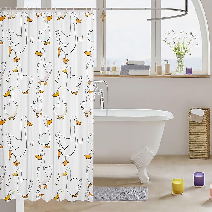 Homewish Cartoon Duck Shower Curtain,Lovely Goose Funny Sketch White Bath Curtain with Hooks,Cute Farmhouse Livestock Animal Waterproof Bathroom Accessories for Bathtublet, 72Wx84L inch