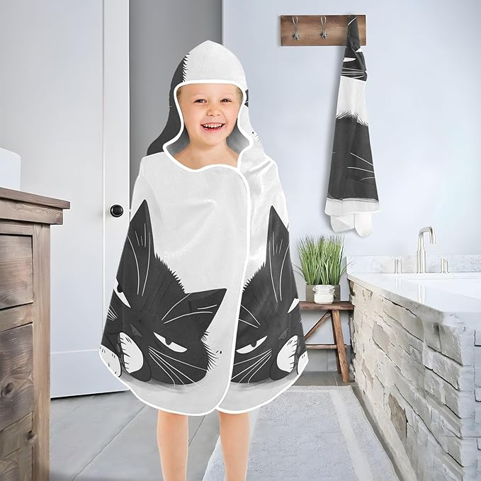 Hooded Towel for Kids Black Cat Lying Lazily Beach Wrap Bath Towels 50x23.5in